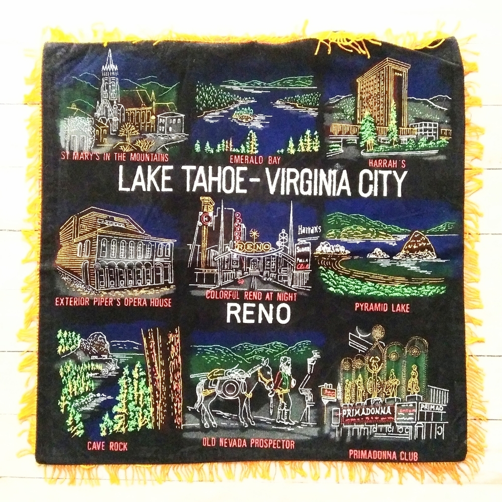 VINTAGE LAKE TAHOE-VIRGINIA CITY RENO SOUVENIR CUSHION COVER
